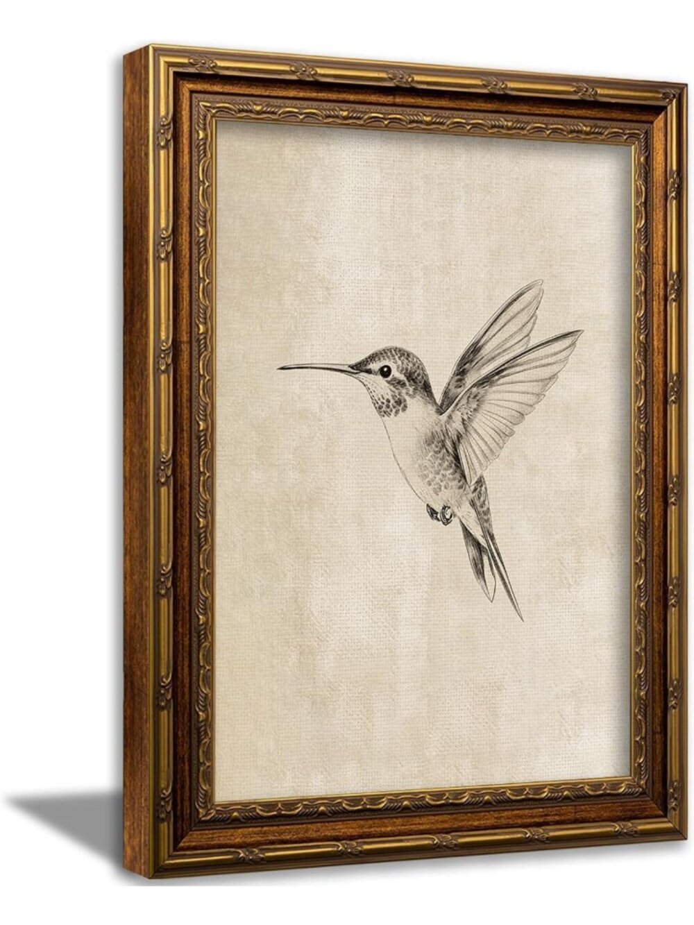Vintage Gold Frame Wall Art - Hummingbird Canvas Print, Farmhouse Decor, 9x11in